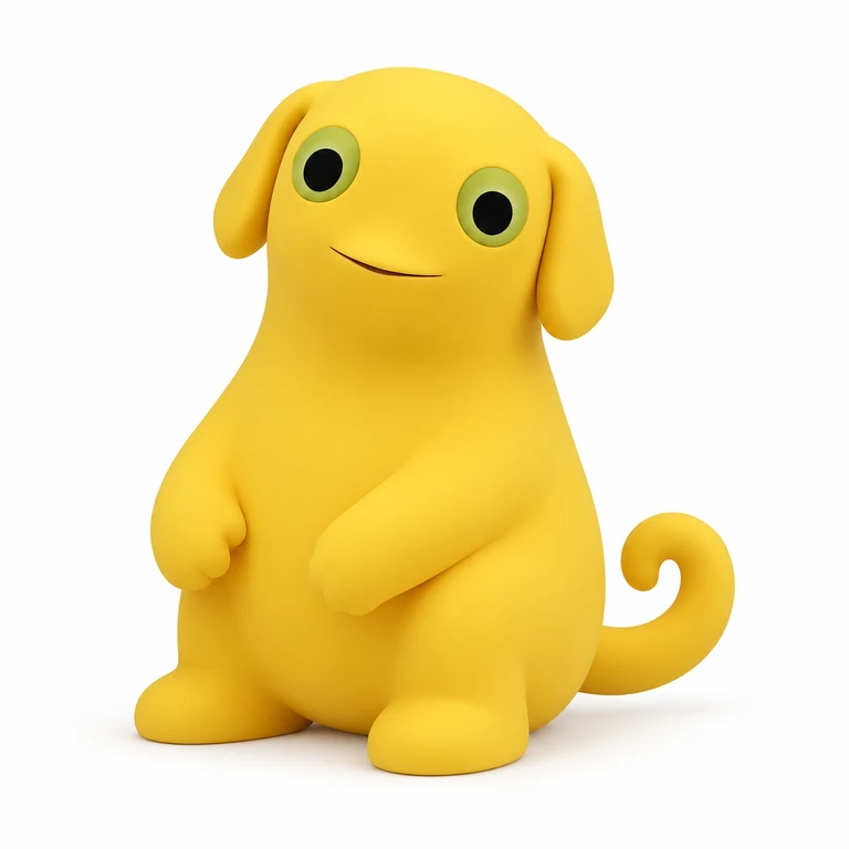 Milky Puppy, a yellow 3D character with green-ringed eyes