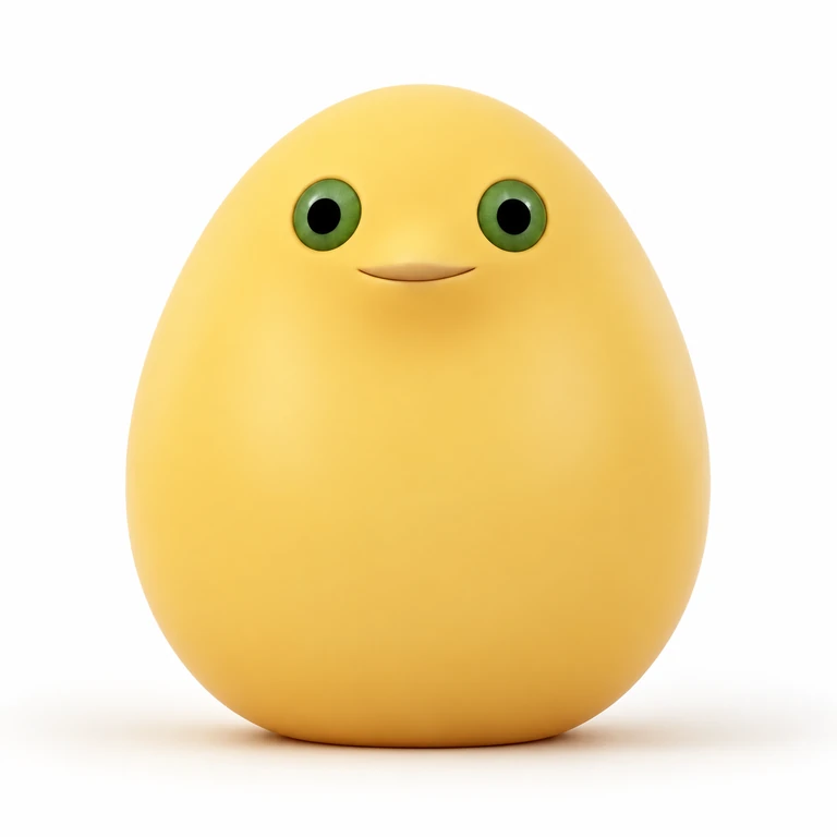 Milky Egg, a yellow 3D character with green-ringed eyes