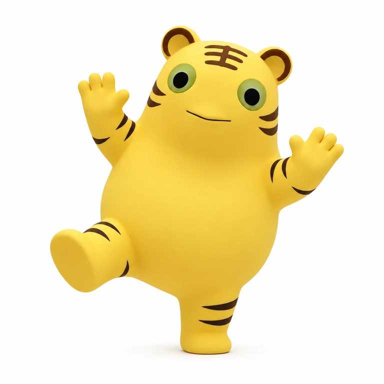 Milky Tiger, a yellow 3D character with green-ringed eyes