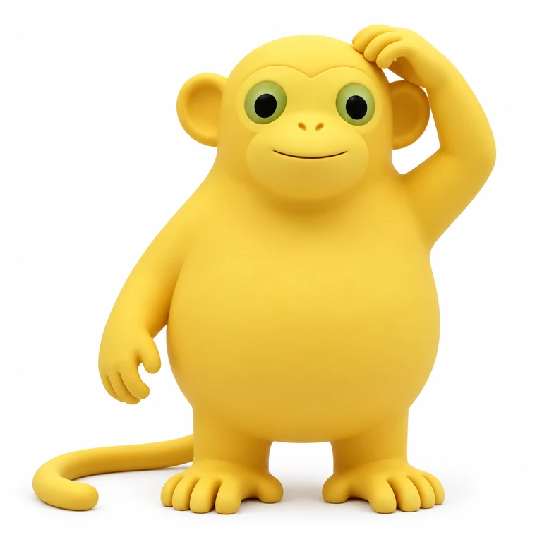 Milky Monkey, a yellow 3D character with green-ringed eyes