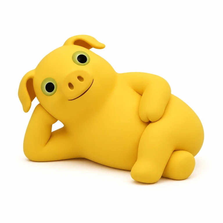 Milky Piglet, a yellow 3D character with green-ringed eyes