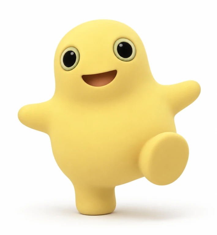 Milky Baby, a yellow 3D character with green-ringed eyes