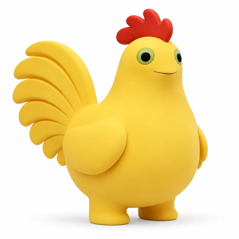 Milky Chick, a yellow 3D character with green-ringed eyes