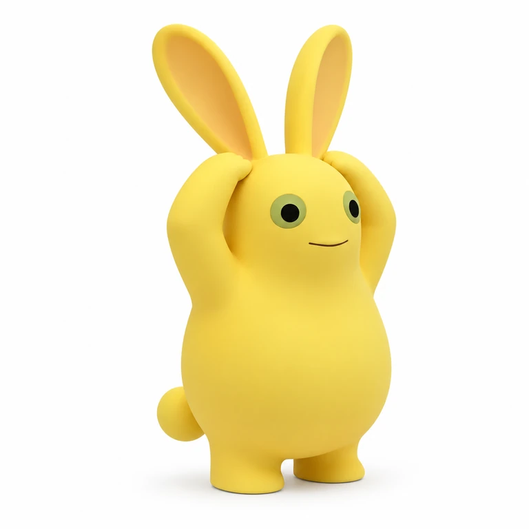 Milky Bunny, a yellow 3D character with green-ringed eyes