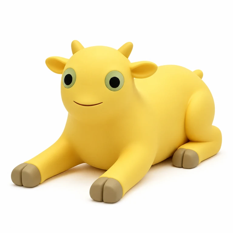 Milky Lamb, a yellow 3D character with green-ringed eyes