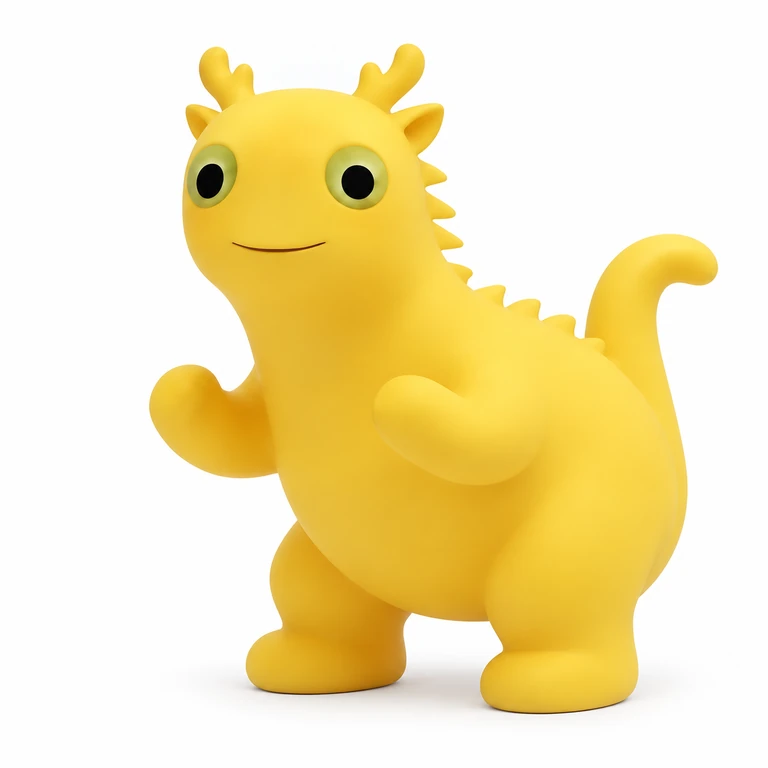 Milky Dragon, a yellow 3D character with green-ringed eyes