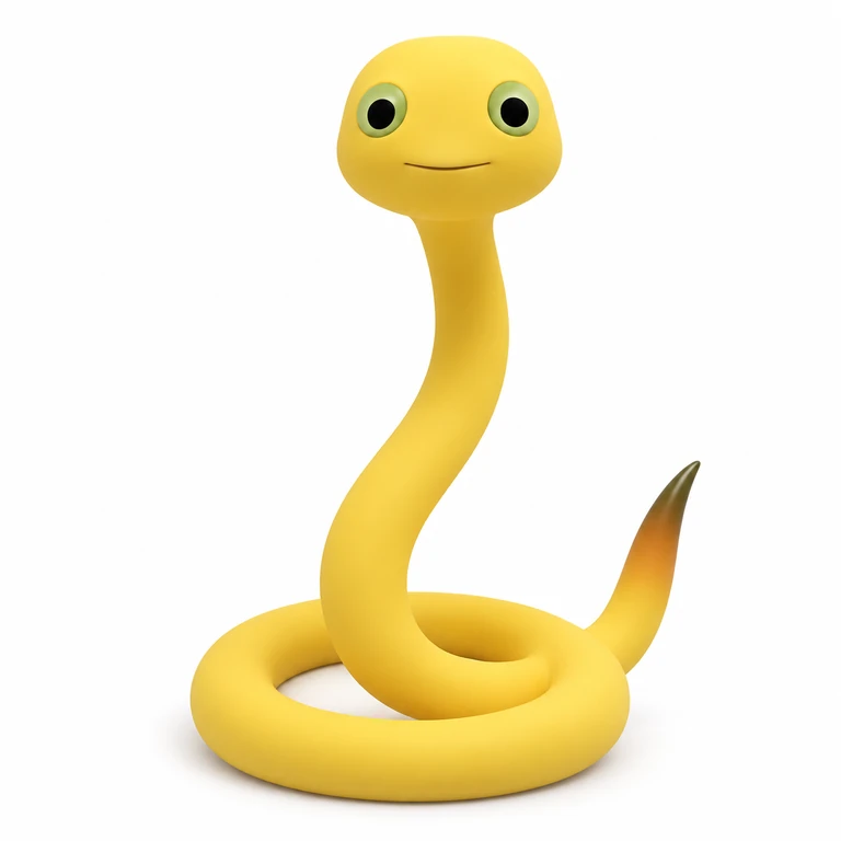 Milky Snake, a yellow 3D character with green-ringed eyes