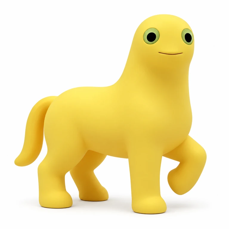 Milky Pony, a yellow 3D character with green-ringed eyes