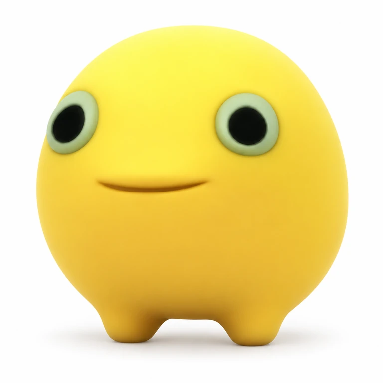Milky Bean, a yellow 3D character with green-ringed eyes