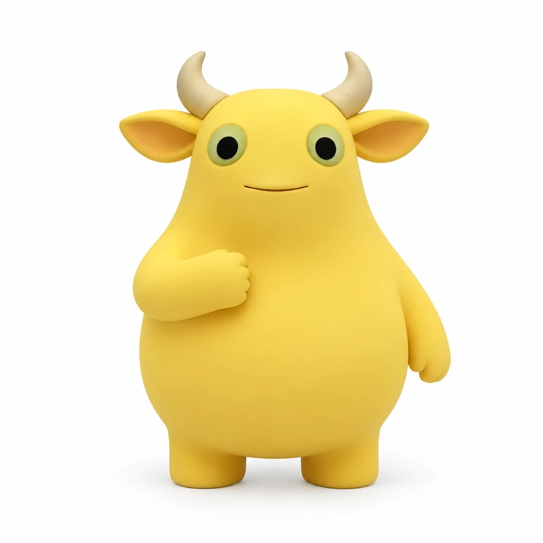 Milky Calf, a yellow 3D character with green-ringed eyes