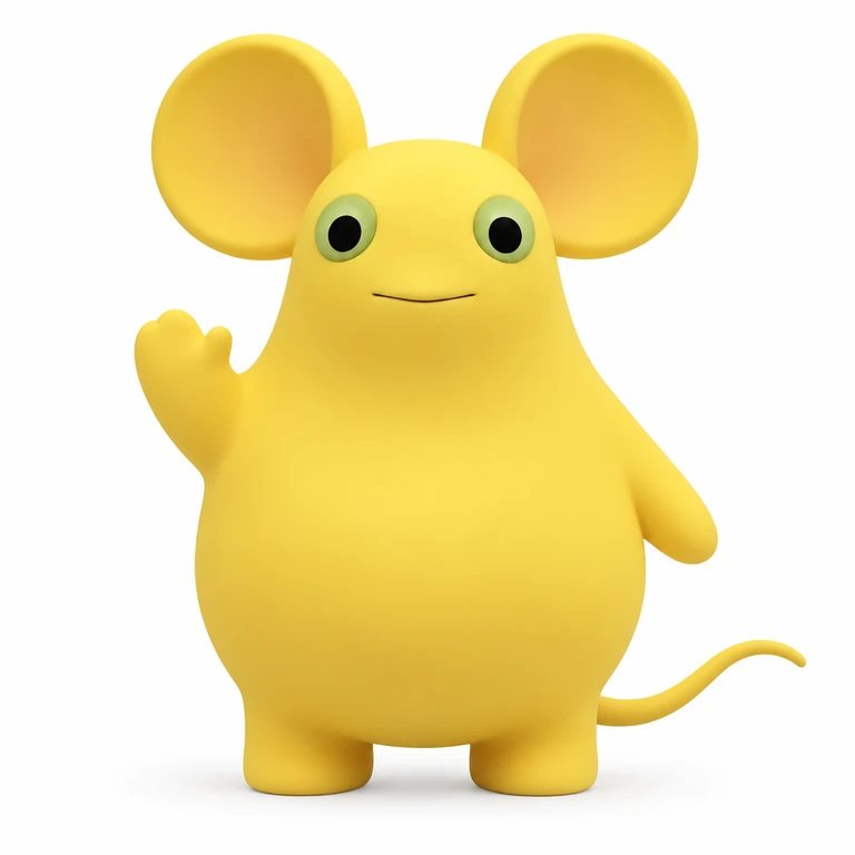 Milky Mouse, a yellow 3D character with green-ringed eyes